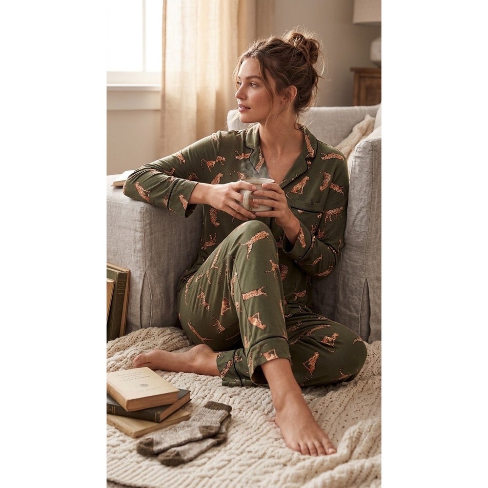 Victorias Secret Pajama Set Olive Green Cheetah Print Long Sleeve Pants Large